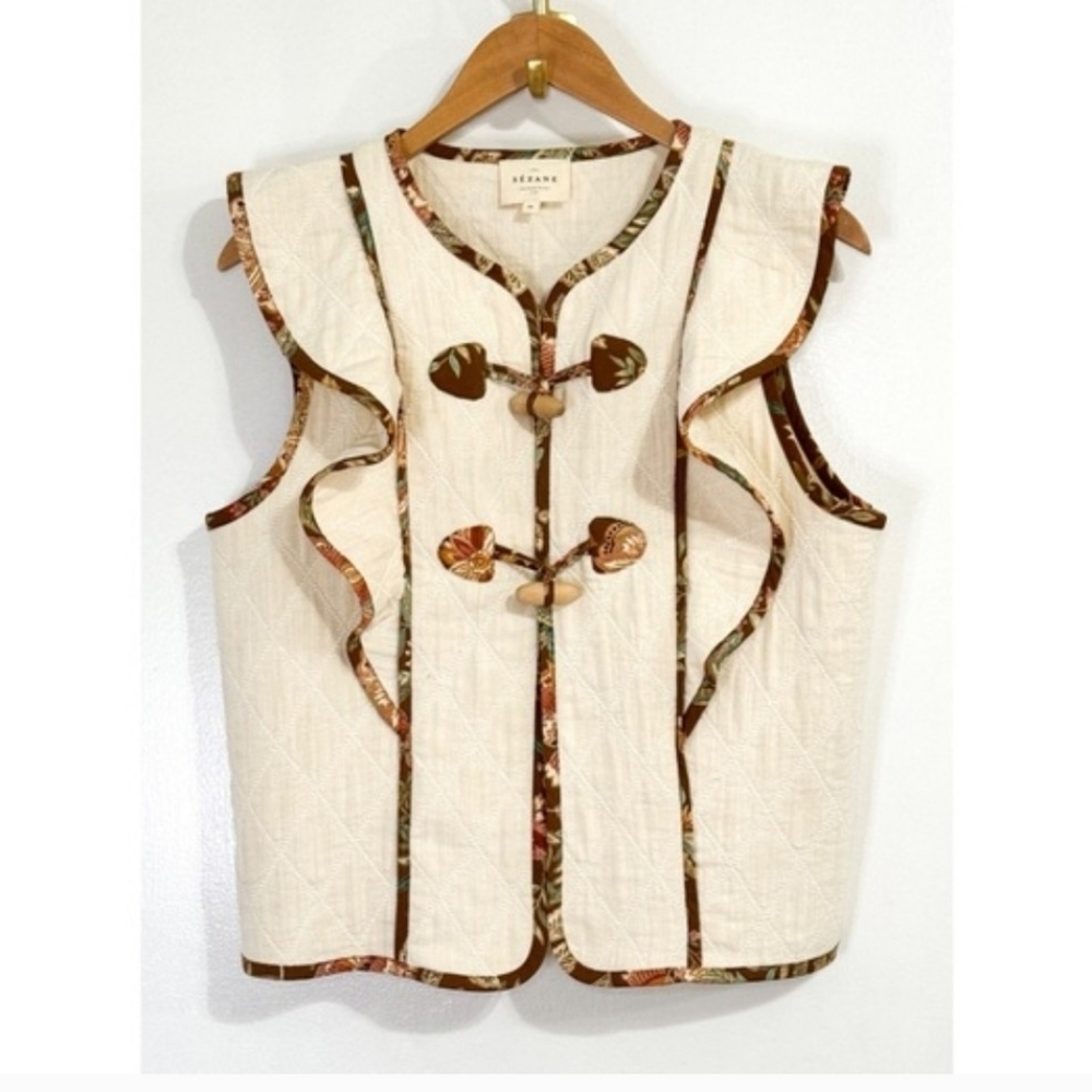SÉZANE Kathleen Ruffle Toggle Front French Country Jacket Vest Ecru 40/8 NEW - Picture 7 of 12